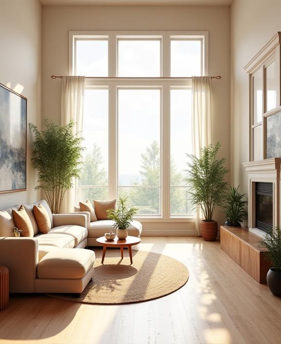 Intérieur d'un salon spacieux et lumineux avec des matériaux naturels